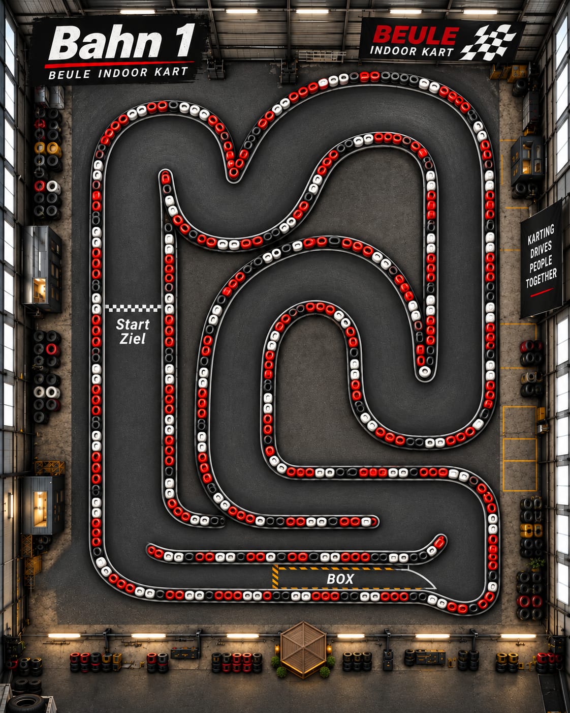 Bahn 1 mit ihren Kurven, Start und Ziel – eine der Karten in der Rennsimulation